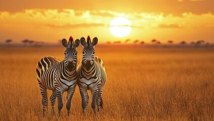 Obraz premium Zebras Stand Together in Golden Sunset Savanna Grassland during African Wildlife's Majestic Display