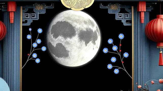 A serene moonlit night framed by ornate architecture and traditional lanterns.