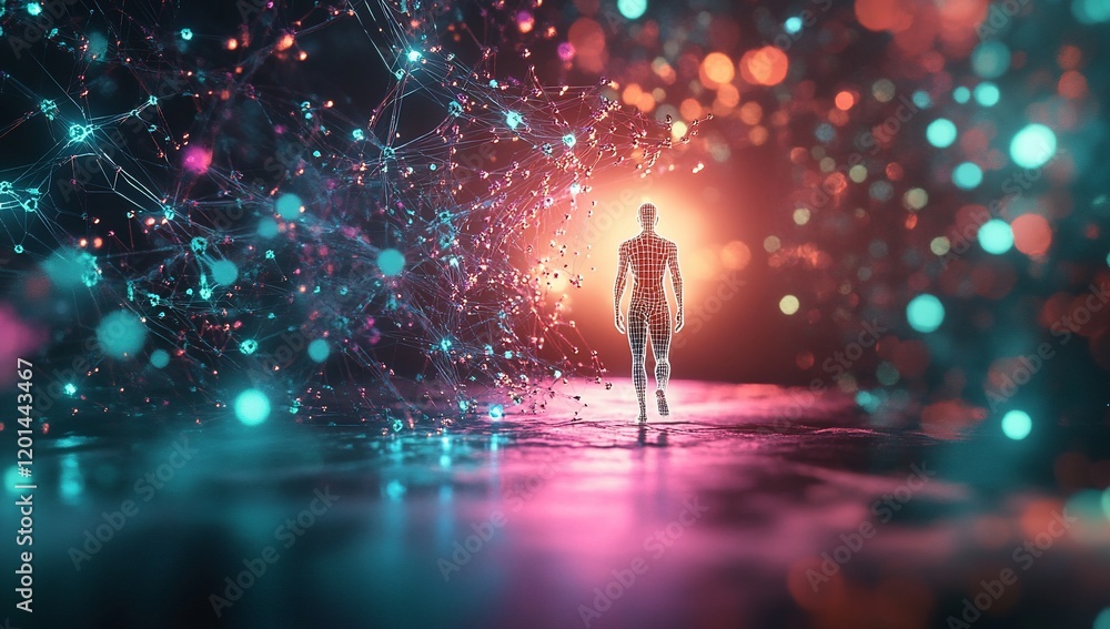 Poster futuristic digital human walking through network abstract ai concept art