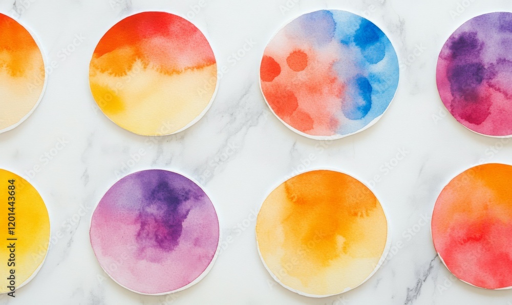 Poster a set of large, multicolored watercolor circles arranged in a seemingly haphazard pattern on a white
