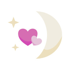 Crescent Moon with Hearts: A simple yet enchanting illustration of a crescent moon with two hearts floating beside it, accented by twinkling stars, radiating a soft glow of love and tranquility.