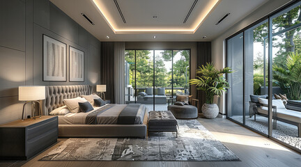 Modern Dark gray bedroom with nice shadows of modern mansion luxury.
