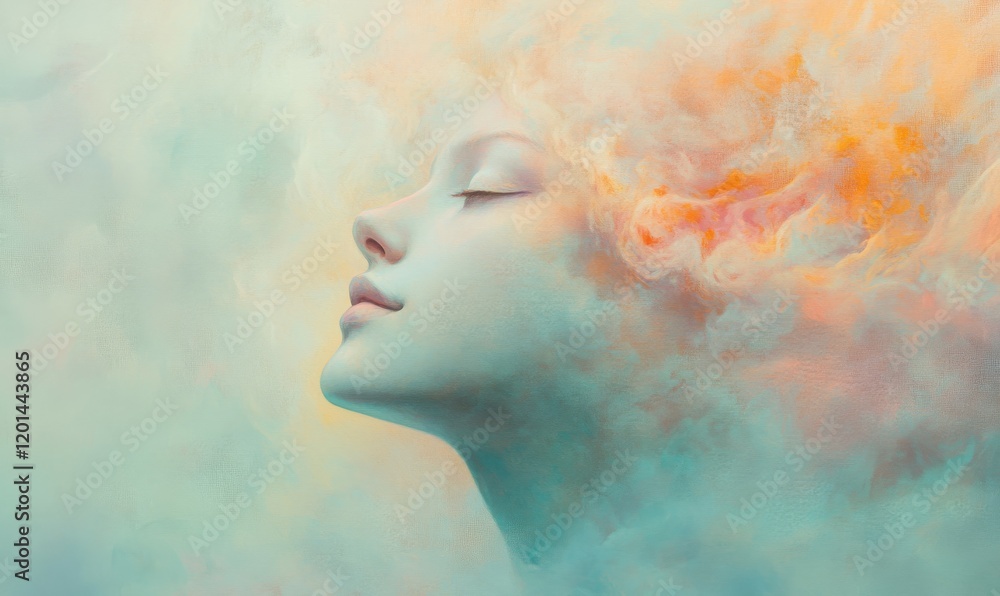Poster a serene face in profile appears enveloped by a soft mist of pastel colors, blending elements of rea