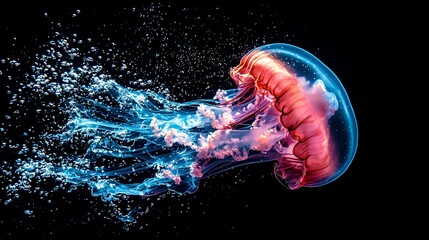 Vibrant Red and Blue Jellyfish Underwater Ocean Wildlife Aquatic Life Glowing Tentacles Dark