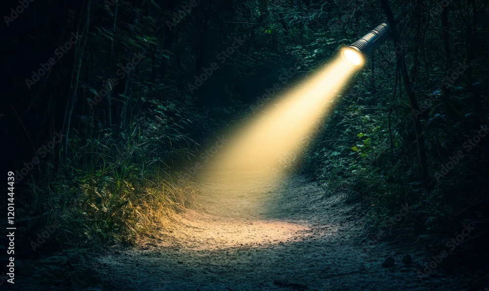 Poster a single flashlight beam illuminating a dark forest path creating an atmospheric effect, radiant bea