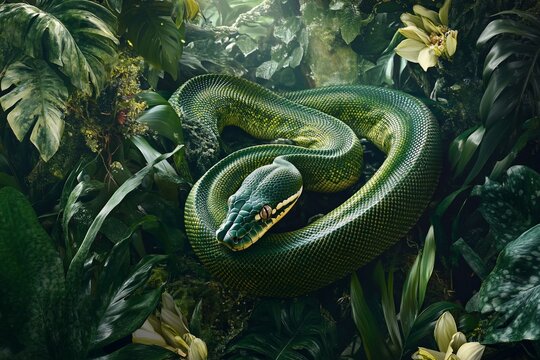 Green tree python coiled in lush tropical foliage.