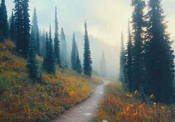 Misty mountain trail winding through autumnal forest.