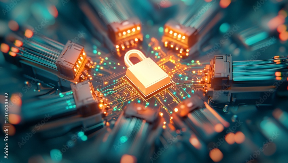 Poster Cyber Security Digital Lock on Illuminated Circuit Board Data Protection Concept