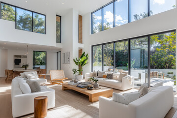 Fototapeta premium A wide-angle interior shot of a modern minimalist living room, featuring clean white walls, sleek Scandinavian-style furniture, and large floor-to-ceiling windows