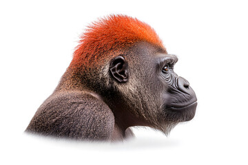 Obraz premium Portrait of gorilla monkey with bright vibrant mohawk, side view isolated on white background 