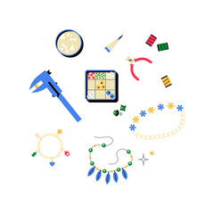 Jewelry Crafting Tools And Supplies In Flat Vector Illustration Symbolizing Creativity, Handmade Jewelry, And Craftsmanship, Isolated On White Background
