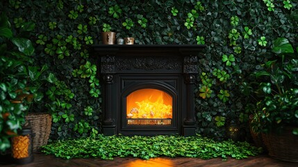 Fototapeta premium Cozy Fireplace Surrounded by Lush Ivy and Greenery in a Charming Indoor Setting