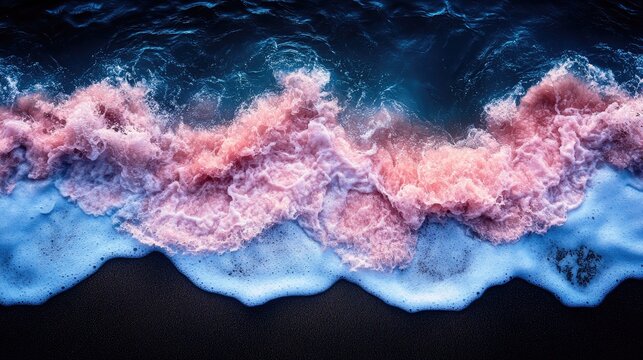 Aerial view of vibrant pink and blue ocean waves crashing onto a dark sandy beach at sunset