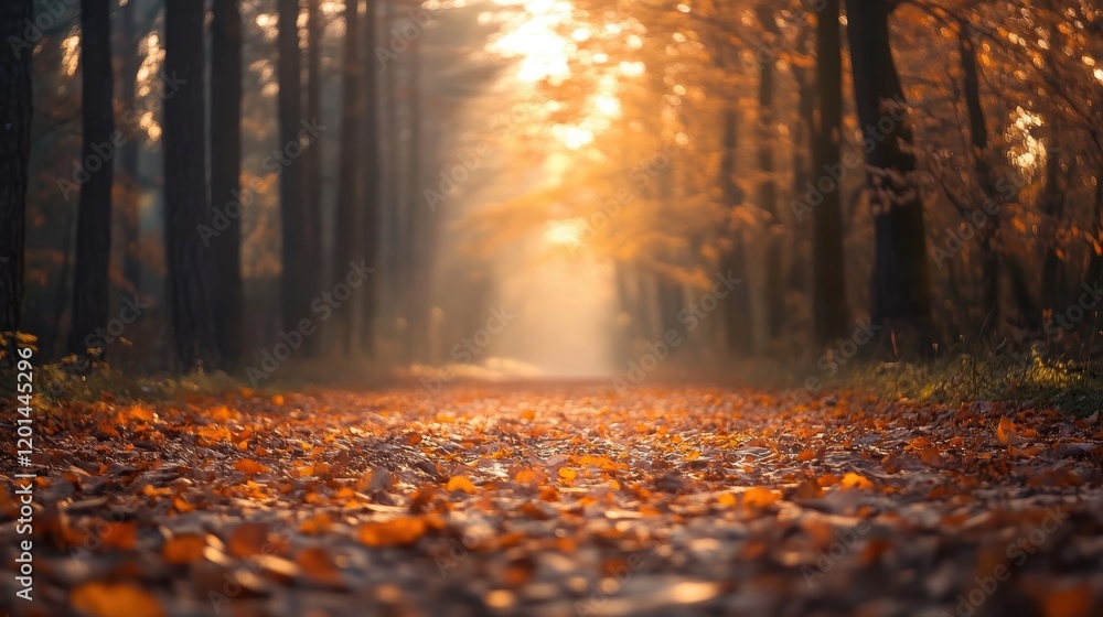 Poster sunlight filters through trees illuminating a serene forest path covered in autumn leaves