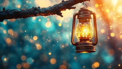 Glowing Vintage Lantern Hanging on Branch Magical Forest Bokeh Background