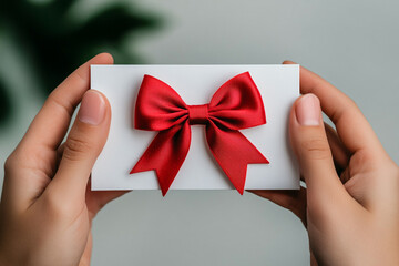 White gift card adorned with a neatly tied red ribbon - perfect for heartfelt Valentine&rsquo;s messages or proposals