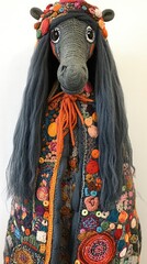 Handmade whimsical horse doll, colorful cloak, studio background, craft fair