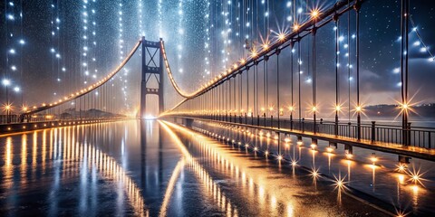 Fototapeta premium Rainy Night Christmas Lights on Long Suspension Bridge Stock Photo
