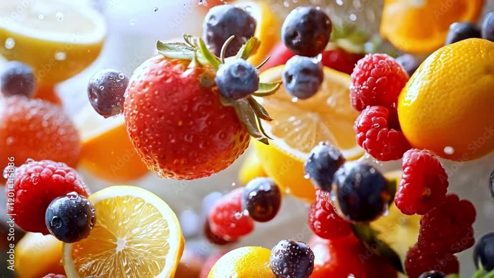 Poster vibrant fresh fruits such as strawberries and lemons burst into the air, creating a lively display o