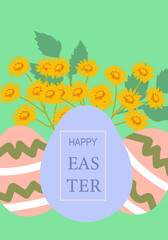 Happy easter poster design with colorful eggs and flowers.