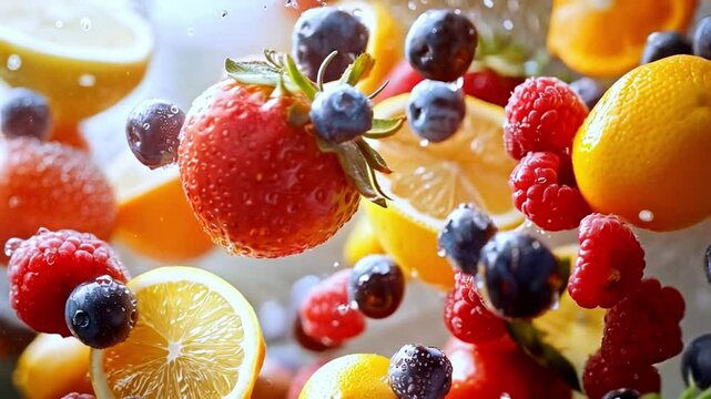 Vibrant fresh fruits such as strawberries and lemons burst into the air, creating a lively display of colors. Water droplets enhance the freshness, capturing the essence of summer and vitality.