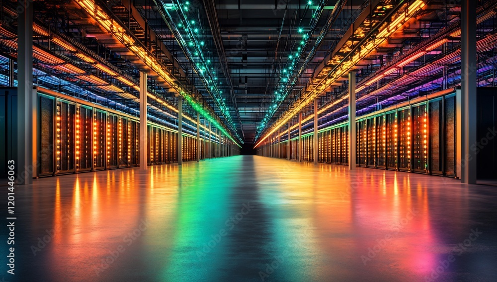 Poster Vibrant Data Center Interior Rows of Servers with Colorful Lighting High Tech Infrastructure