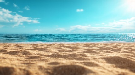 Fototapeta premium Sunny beach with golden sand and turquoise waves under a clear blue sky, peaceful tropical scenery