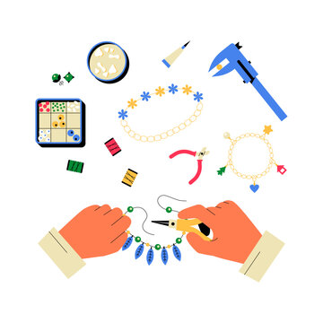 Hands Crafting Handmade Jewelry With Beads, Tools, And String In Flat Vector Illustration Symbolizing Creativity, Artisanal Work, And Jewelry Making, Isolated On White Background.