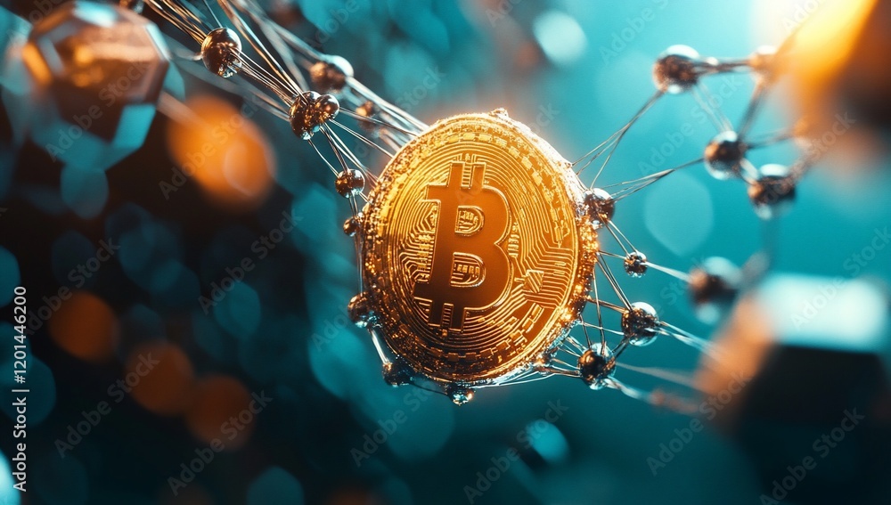 Poster golden bitcoin cryptocurrency connected network abstract digital finance concept