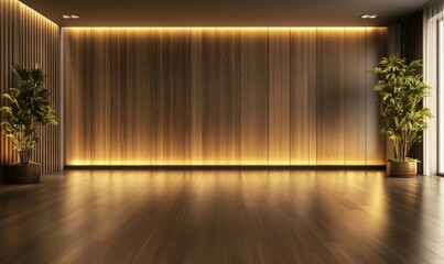 A spacious modern room showcasing beautifully illuminated wooden panels against sleek flooring, ideally representing contemporary interior design and sophistication