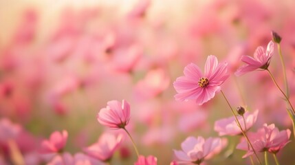 Beautiful pink flowers blooming in a vibrant field during early morning light