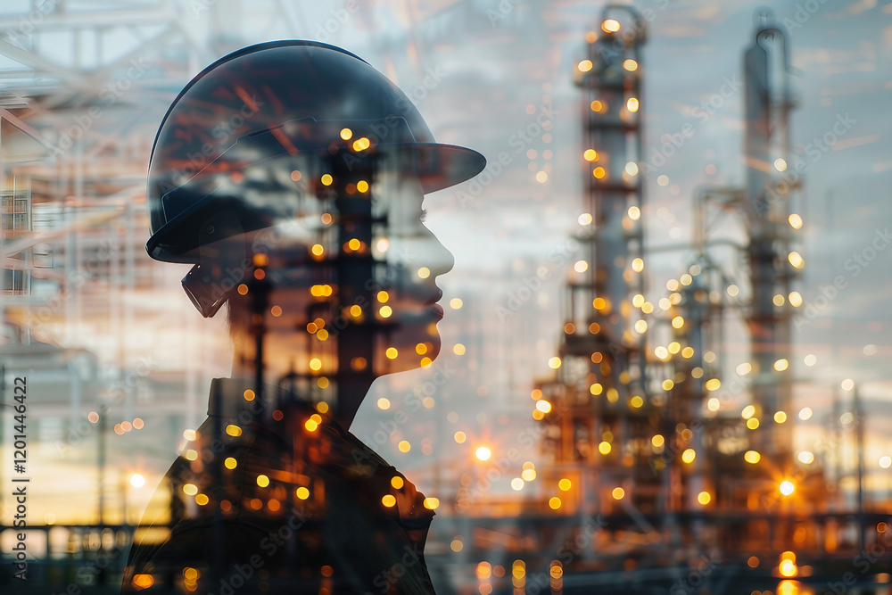 Poster a double exposure of a worker in a helmet with an industrial background generative ai