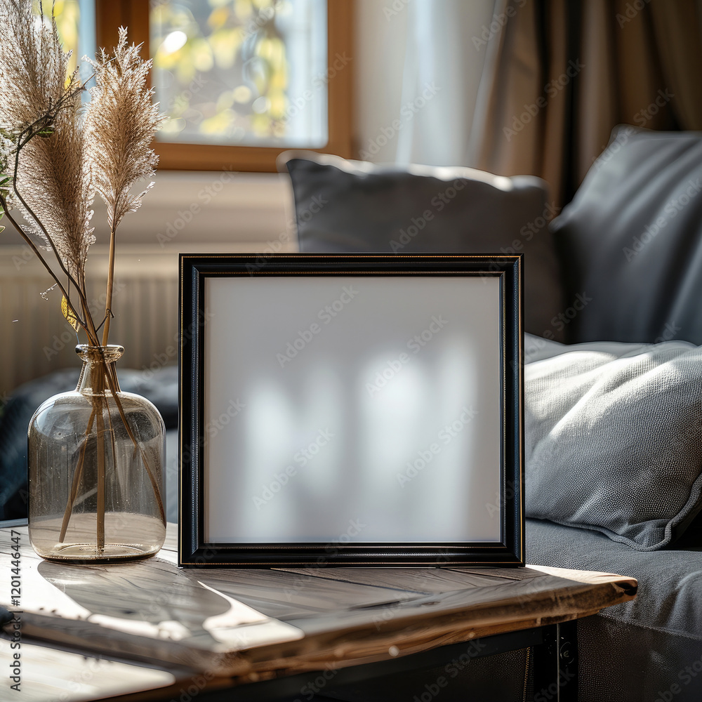 Poster a front facing small black frame sitting on a coffee table.
