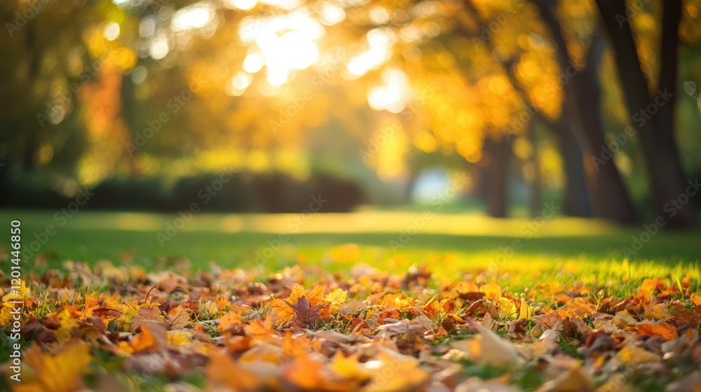 Poster autumn afternoon light filtering through trees enhancing fallen leaves in a serene park setting