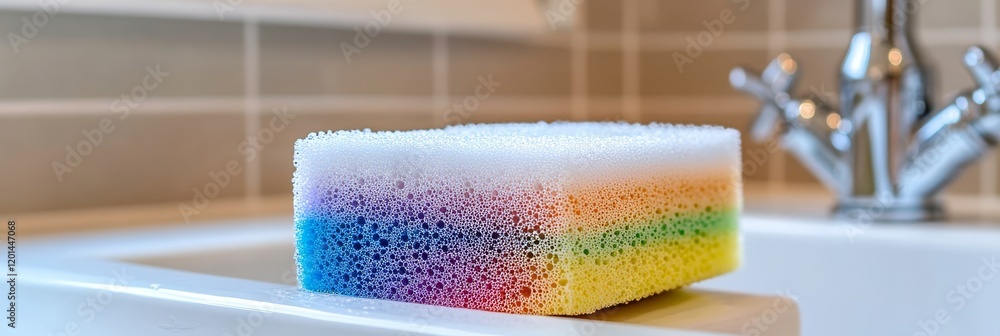 Poster rainbow sponge with soap suds macro of colorful sponge on sink basin with text or logo area