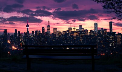 Fototapeta premium City skyline at dusk with a bench overlooking lights