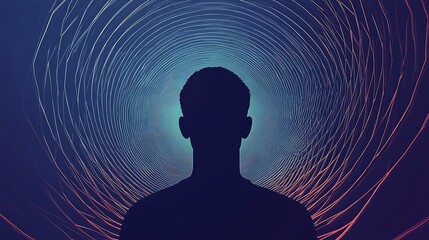 A person's head is in the center of a blue circle