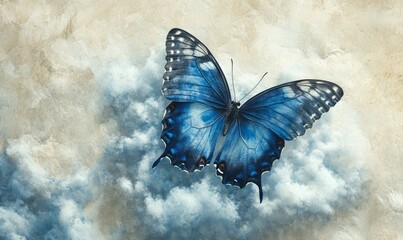 A blue-colored butterfly floating on a cloud-like mass of cottonwood fluff, blue watercolor butterfly, serene ambiance, calming effect