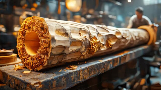 Close-up of a wood log prepared on a lathe for processing, with wood shavings scattered around in a workshop