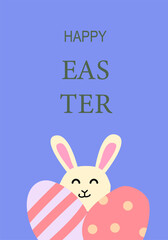 Cheerful easter bunny with decorated eggs - festive poster design for holiday celebrations.