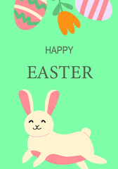 Bright happy easter design featuring eggs and cute bunny for holiday celebration.