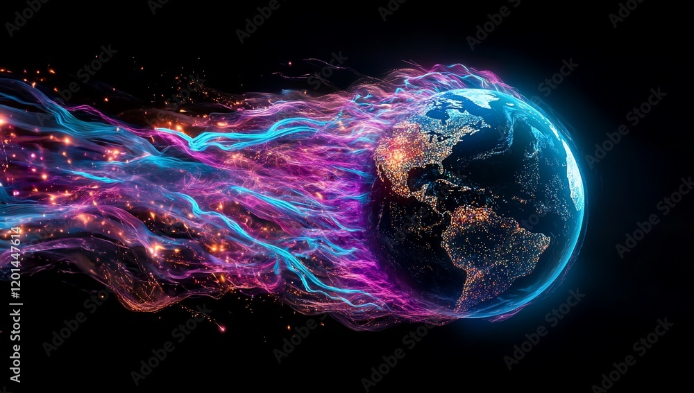 Poster abstract glowing earth with dynamic energy trails futuristic global network concept