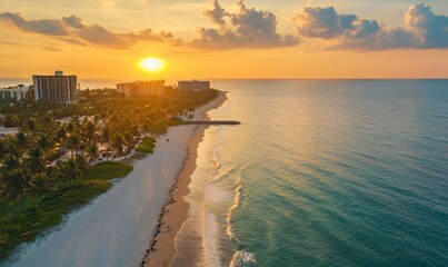 A stunning beach with palm trees stretching towards the horizon as sunset approaches, ocean, shoreline