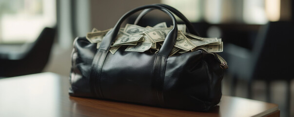 black leather duffel bag filled with cash resting on wooden table, creating sense of intrigue and wealth