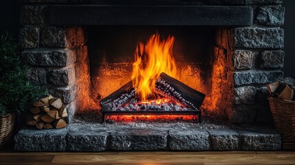 Obraz premium Rustic Fireplace Ablaze with Cozy Flames in Warm Inviting Interior