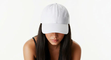 Young woman with long dark hair wearing a plain white baseball cap, wearing sleeveless. She is looking down with plain background