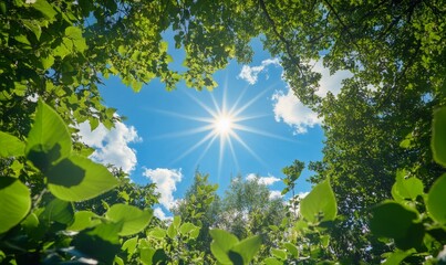 Obraz premium A bright blue summer sky with a sunny sun in the center, summer atmosphere, sunshine, outdoor scene