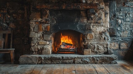 Rustic Peat Fireplace in Cozy Cabin Interior with Warm Glow and Crackling Flames