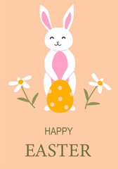 Happy easter bunny with egg and flowers poster design for festive celebration.