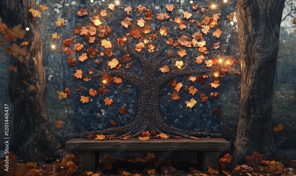 Poster a stunning mosaic tree with realistic autumn leaves and soft string lights placed on a rustic wooden